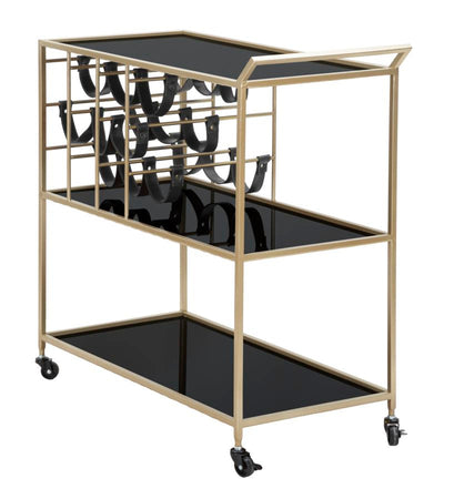 Carrello struttura in ferro color oro e nero con ruote, portabottiglie e 3 ripiani