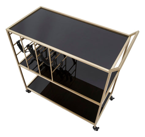 Carrello struttura in ferro color oro e nero con ruote, portabottiglie e 3 ripiani