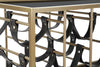 Carrello struttura in ferro color oro e nero con ruote, portabottiglie e 3 ripiani