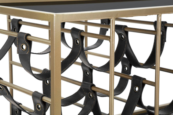 Carrello struttura in ferro color oro e nero con ruote, portabottiglie e 3 ripiani