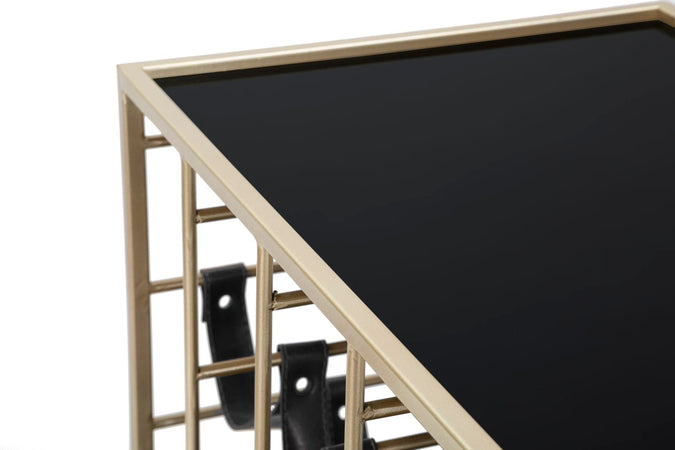 Carrello struttura in ferro color oro e nero con ruote, portabottiglie e 3 ripiani