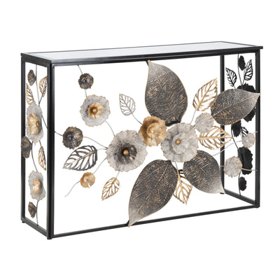 Console struttura in metallo color nero con fiori decorativi ripiano in vetro per interni
