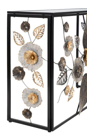 Console struttura in metallo color nero con fiori decorativi ripiano in vetro per interni