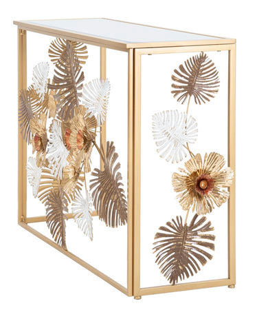Console struttura in metallo con fiori decorativi ripiano in vetro per interni