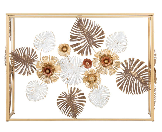 Console struttura in metallo con fiori decorativi ripiano in vetro per interni