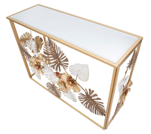 Console struttura in metallo con fiori decorativi ripiano in vetro per interni