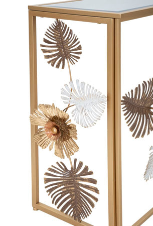Console struttura in metallo con fiori decorativi ripiano in vetro per interni
