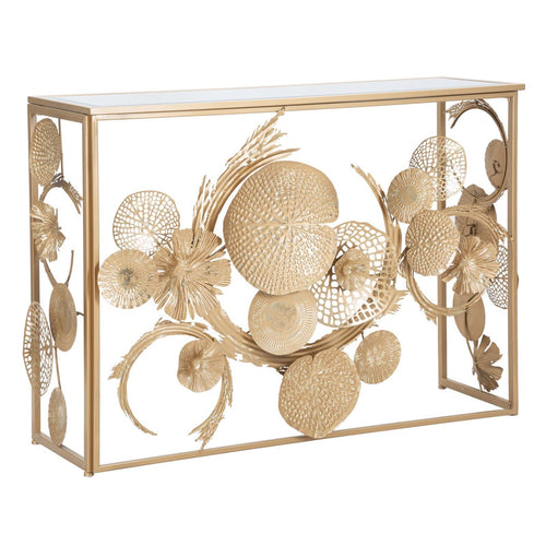 Console struttura in metallo con fiori decorativi color oro ripiano in vetro per interni
