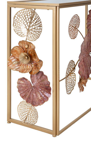 Console struttura in metallo con fiori decorativi ripiano in vetro per interni