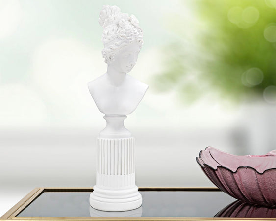 Scultura donna romana in poliresina colore bianco con piedistallo per decorazioni ambienti