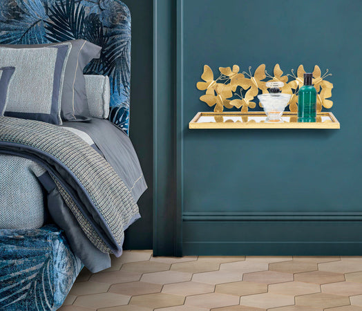 Mensole da parete in metallo con farfalle ripiano in vetro per decorazioni ambienti set da 2