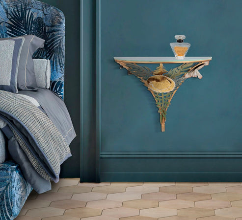 Mensola da muro struttura in metallo e ripiano in vetro per interni