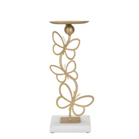 Porta candela base in marmo struttura in metallo color oro con farfalle per interni