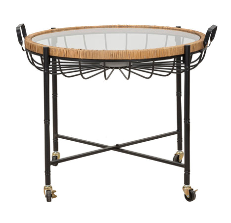 Tavolinetto "Cebu" struttura in metallo e rattan ripiano in vetro per interni