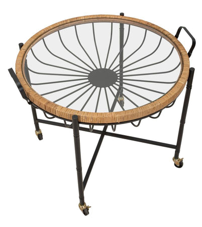 Tavolinetto "Cebu" struttura in metallo e rattan ripiano in vetro per interni