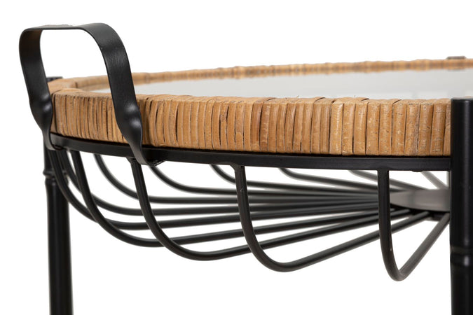 Tavolinetto "Cebu" struttura in metallo e rattan ripiano in vetro per interni