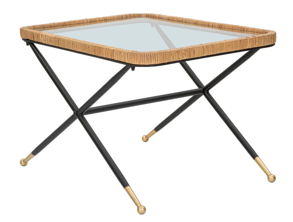 Tavolo da caffè "Saint Barth" struttura in metallo, rattan e vetro per interni