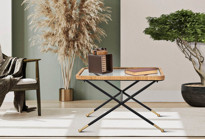 Tavolo da caffè "Saint Barth" struttura in metallo, rattan e vetro per interni