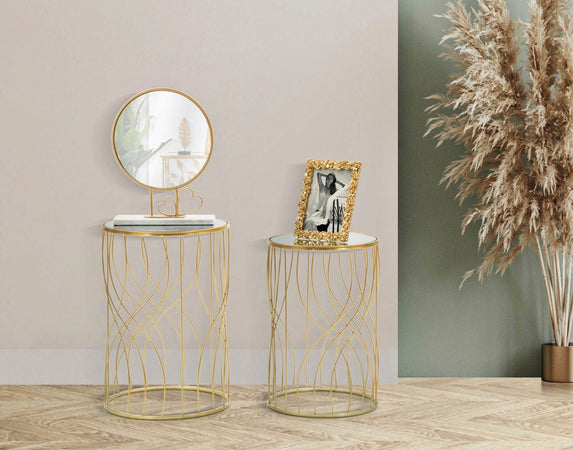 Tavolinetti coppia struttura in ferro color oro ripiano in vetro per interni set da 2