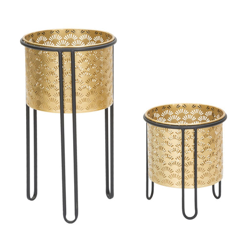 Porta vasi coppia struttura in metallo color oro con supporto colore nero per interni set da 2