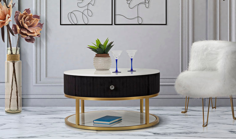 Tavolo da caffè "Montpellier" struttura in metallo, legno e velluto per interni