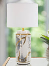 Lampada da tavolo struttura in ceramica, metallo e poliestere per interni