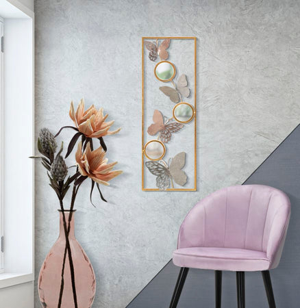 Pannello decorativo con specchi e farfalle in ferro per decorazioni ambienti