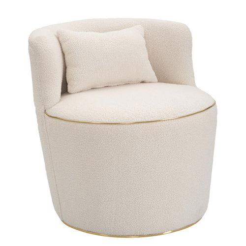 Poltroncina Iceland in tessuto colore crema con decorazioni dorate per interni