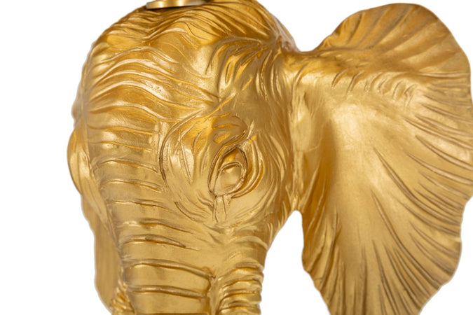 Lampada da tavolo "Elefante" struttura in metallo e poliresina color oro e tessuto per interni