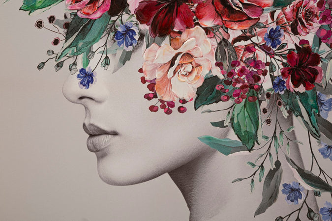 Stampa su tela donna con decorazioni floreali con telaio in legno per decorazioni ambienti