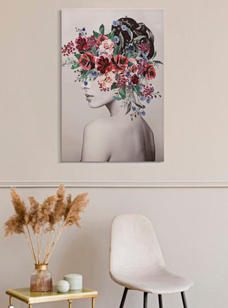 Stampa su tela donna con decorazioni floreali con telaio in legno per decorazioni ambienti