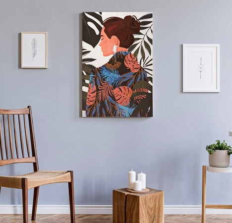 Stampa su tela donna stile jungle con telaio in legno per decorazioni ambienti
