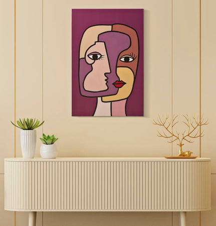 Stampa dipinta su tela volti stile cubismo con telaio in legno per decorazioni ambienti