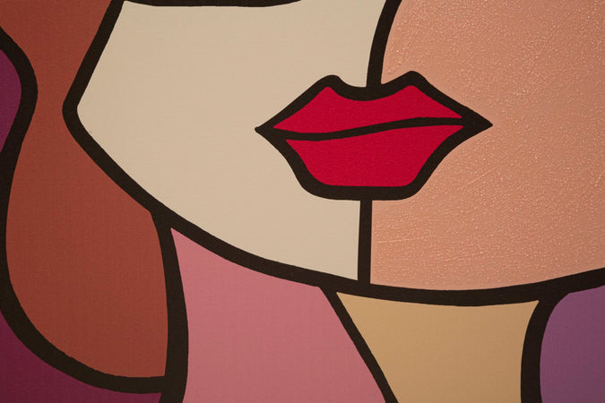 Stampa dipinta su tela volti stile cubismo con telaio in legno per decorazioni ambienti