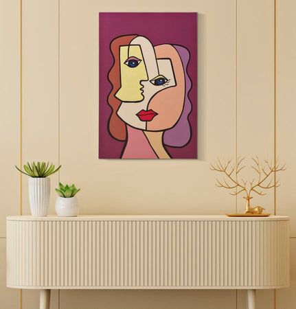 Stampa dipinta su tela volti stile cubismo con telaio in legno per decorazioni ambienti
