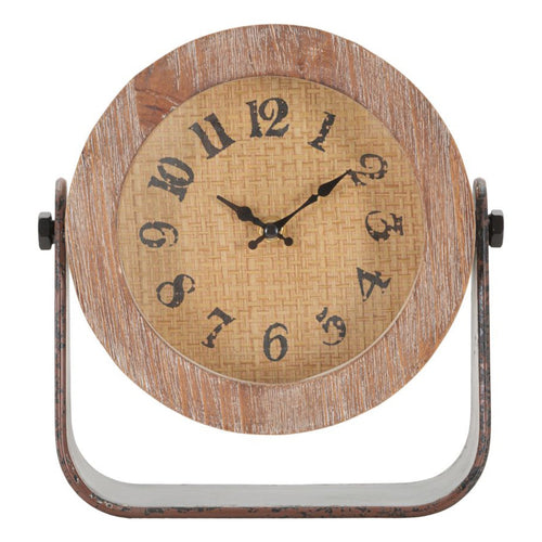 Orologio da tavolo rotondo in legno con base in ferro per salotto e cucina