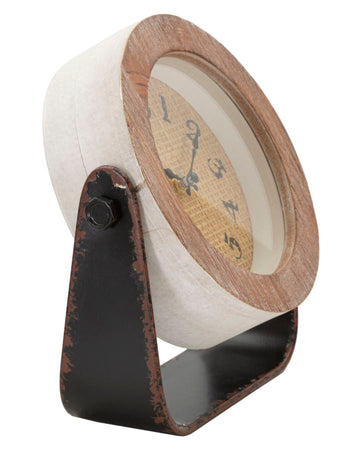 Orologio da tavolo rotondo in legno con base in ferro per salotto e cucina