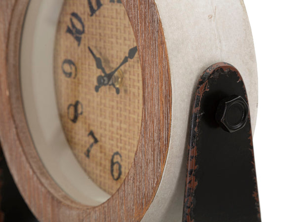 Orologio da tavolo rotondo in legno con base in ferro per salotto e cucina