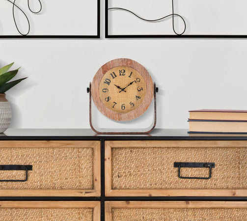 Orologio da tavolo rotondo in legno con base in ferro per salotto e cucina