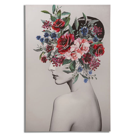 Stampa su tela donna con decorazioni floreali con telaio in legno per decorazioni ambienti