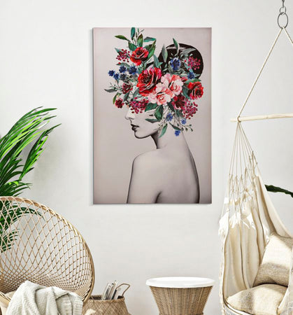 Stampa su tela donna con decorazioni floreali con telaio in legno per decorazioni ambienti