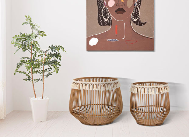 Cestoni "Fuji" in rattan con decorazioni in tessuto per interni set da 2
