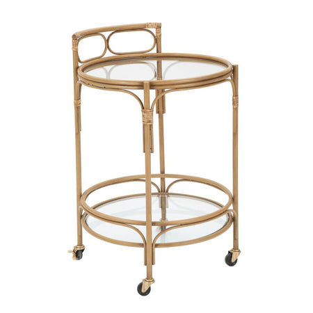 Carrello "Panama" rotondo in metallo e rattan ripiani in vetro con ruote per interni