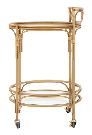 Carrello "Panama" rotondo in metallo e rattan ripiani in vetro con ruote per interni
