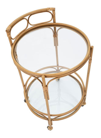 Carrello "Panama" rotondo in metallo e rattan ripiani in vetro con ruote per interni