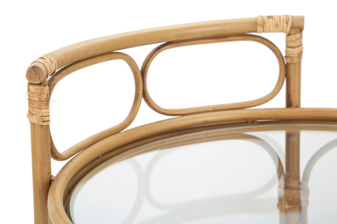 Carrello "Panama" rotondo in metallo e rattan ripiani in vetro con ruote per interni