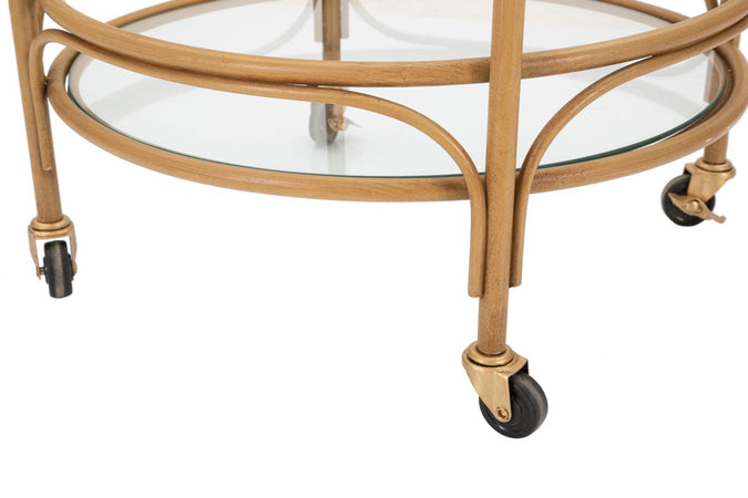 Carrello "Panama" rotondo in metallo e rattan ripiani in vetro con ruote per interni