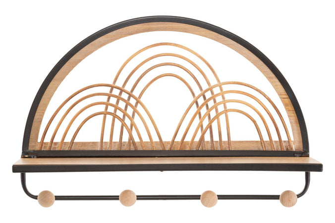 Mensola da parete "Oporto" in legno e rattan con appendiabiti per interni