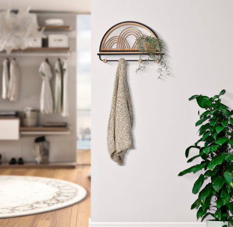 Mensola da parete "Oporto" in legno e rattan con appendiabiti per interni