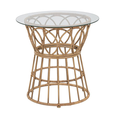 Tavolo da caffè Panama rotondo struttura in metallo, rattan e vetro per interni